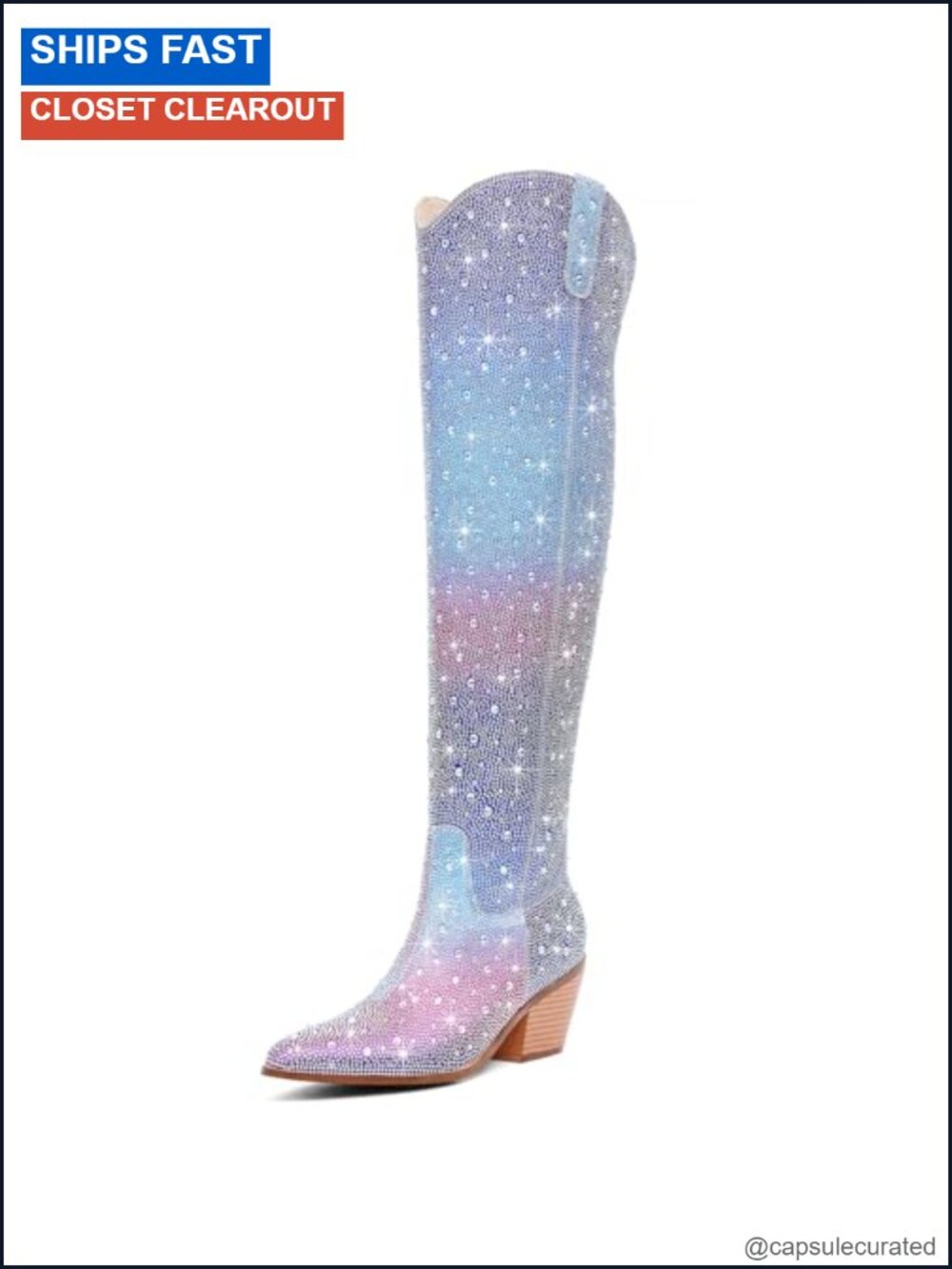 Rhinestone Over the Knee Cowboy Boots Sparkly Chunky Heel Pull-On Side Zippers